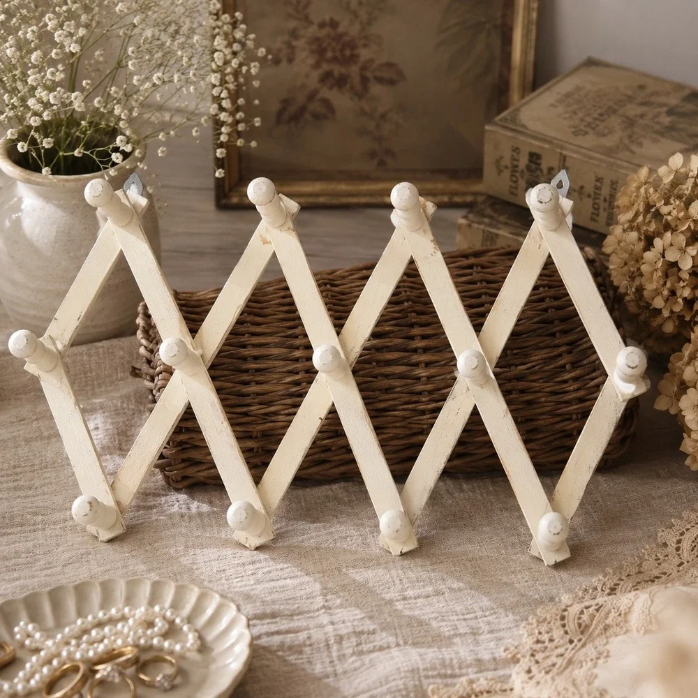 Vintage Accordion 10 Peg Rack Expandable White Wood Wall Mount Rustic Farmhouse